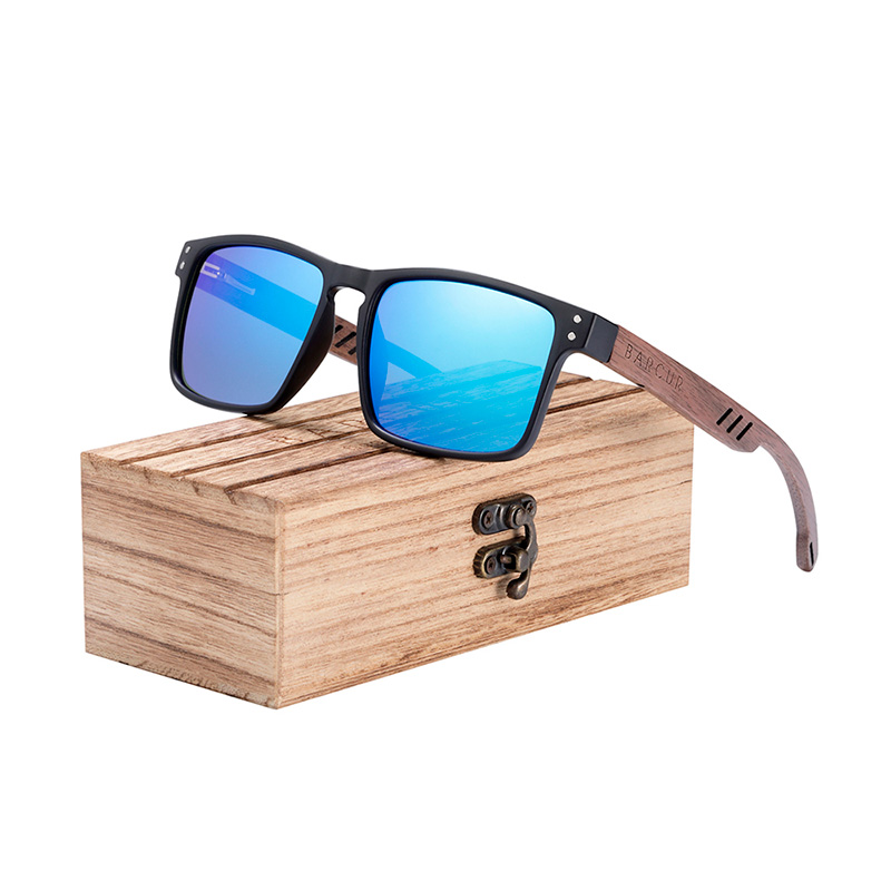 BARCUR – Γυαλιά Ηλίου Walnut Square Style Gloss Black με Blue Polarized Φακό (4018)