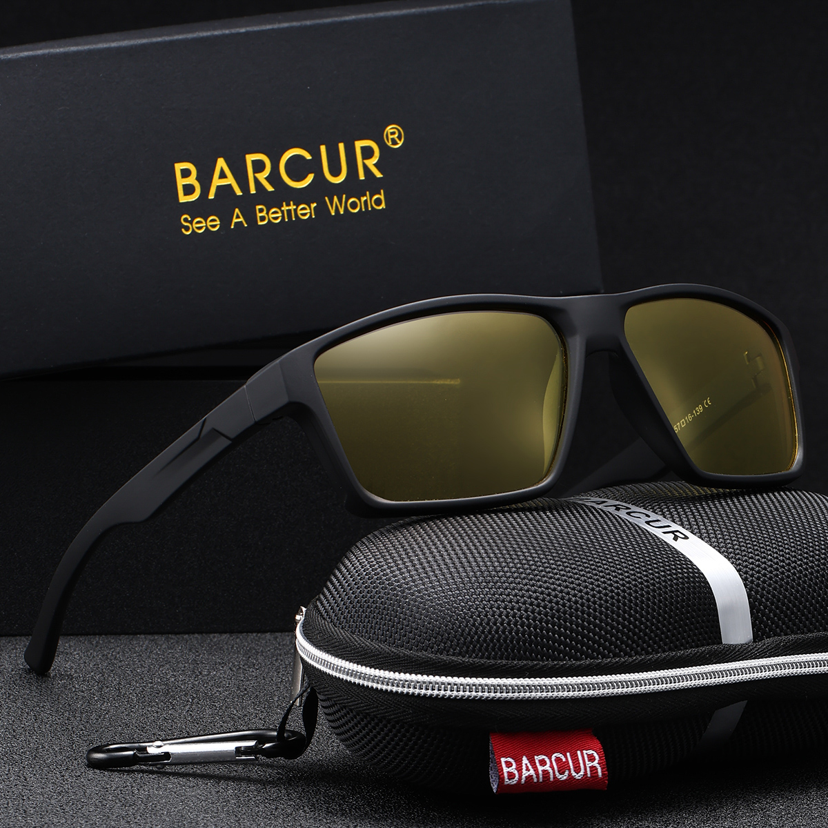 BARCUR – Γυαλιά Μαύρα Sport Rectangular με Night Yellow Φακούς (2121)
